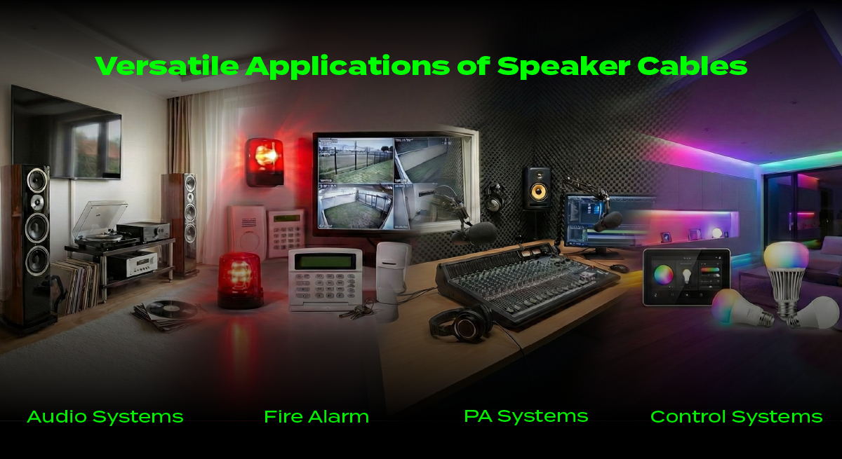 Application scenarios for Wonderful Hi-Tech speaker cables, including home theater audio, smart building lighting control, and fire alarm security system low-voltage cabling solutions.